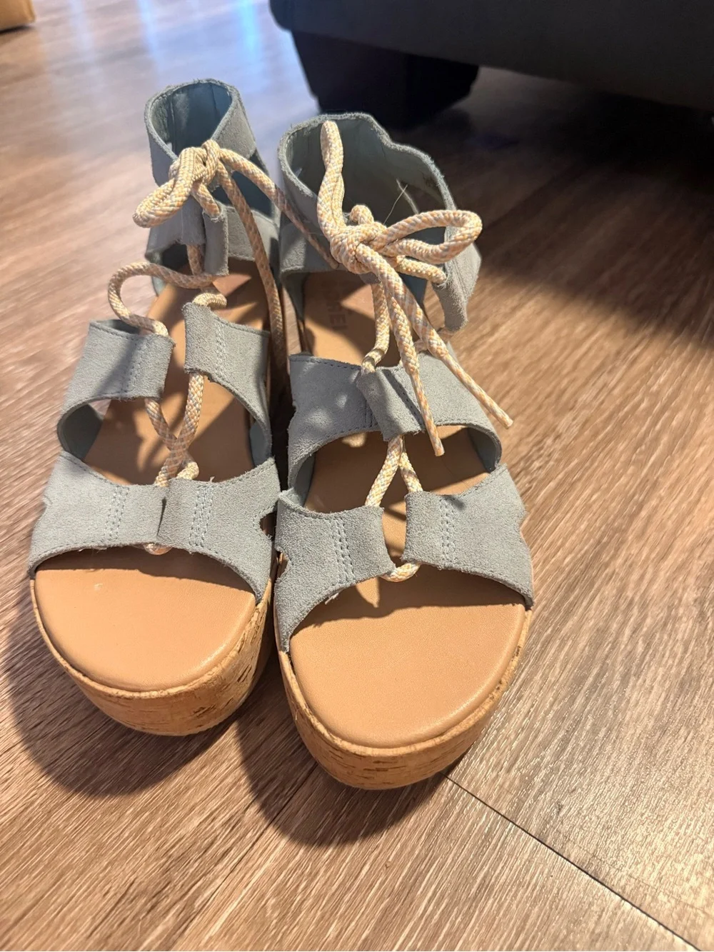 Sorel Womens Light Blue Lace-Up Cork Wedge Sandals